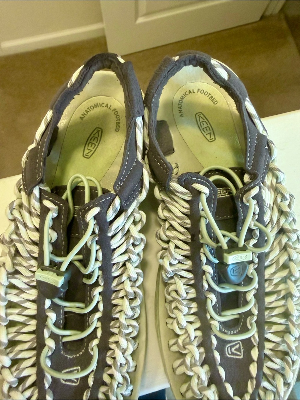 Keen Slip-On Braided Rope Shoes in Gray and Cream